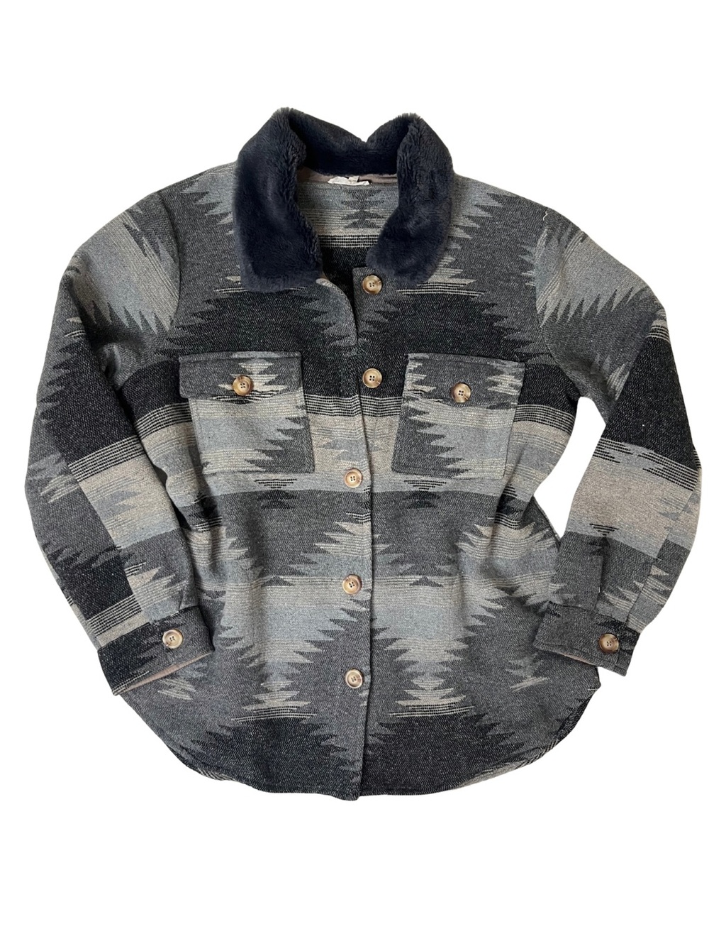 Mystree Size L Aztec Print Sherpa Collar Jacket Grey Pattern Button Front Coat